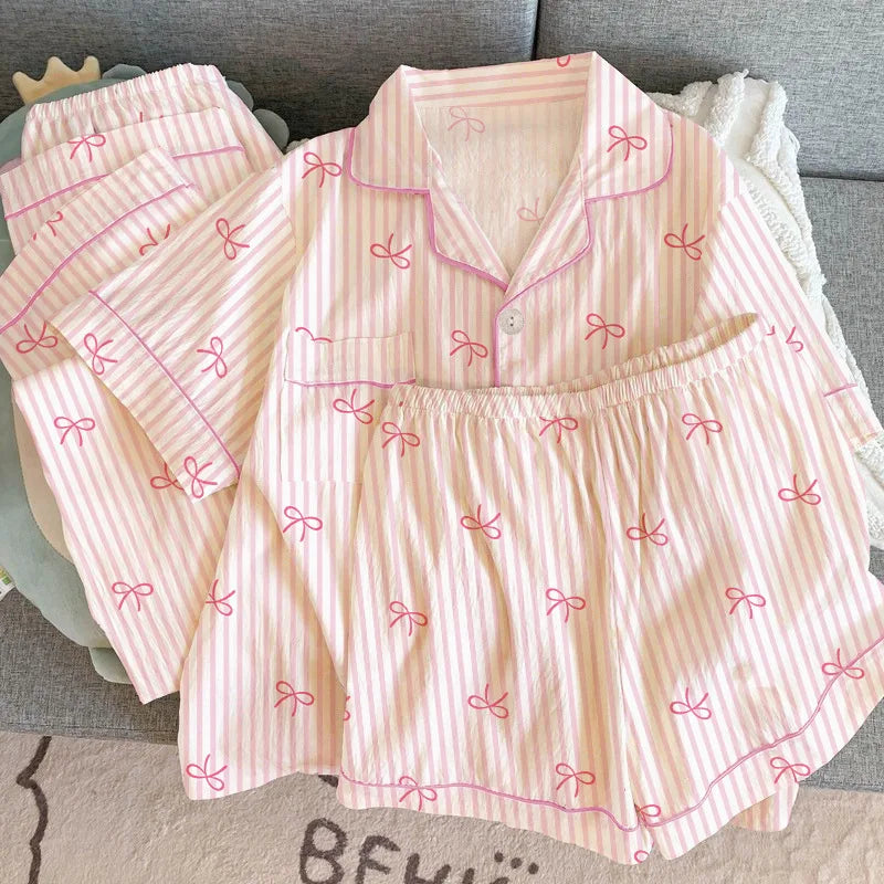 Women Summer Pajamas Three-piece Set Leisure Sleepwear Short Sleeve Lapel Sweet Bowknot Striped Print Homewear Female Loungewear