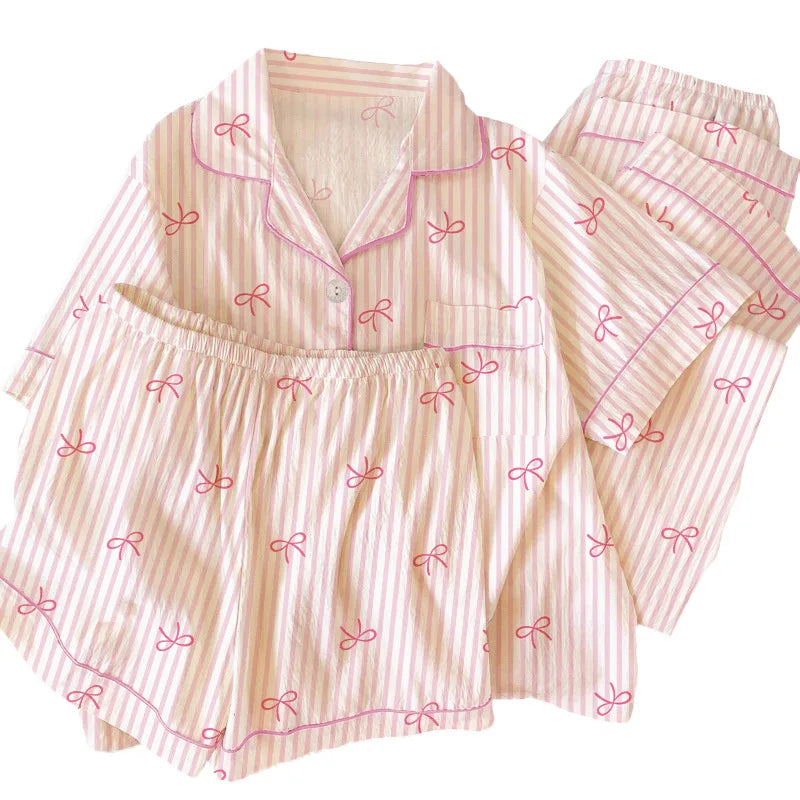 Women Summer Pajamas Three-piece Set Leisure Sleepwear Short Sleeve Lapel Sweet Bowknot Striped Print Homewear Female Loungewear