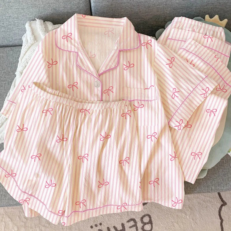 Women Summer Pajamas Three-piece Set Leisure Sleepwear Short Sleeve Lapel Sweet Bowknot Striped Print Homewear Female Loungewear