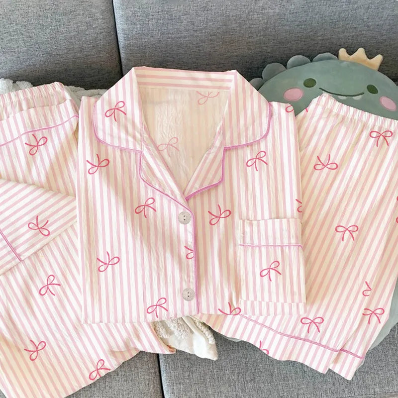 Women Summer Pajamas Three-piece Set Leisure Sleepwear Short Sleeve Lapel Sweet Bowknot Striped Print Homewear Female Loungewear