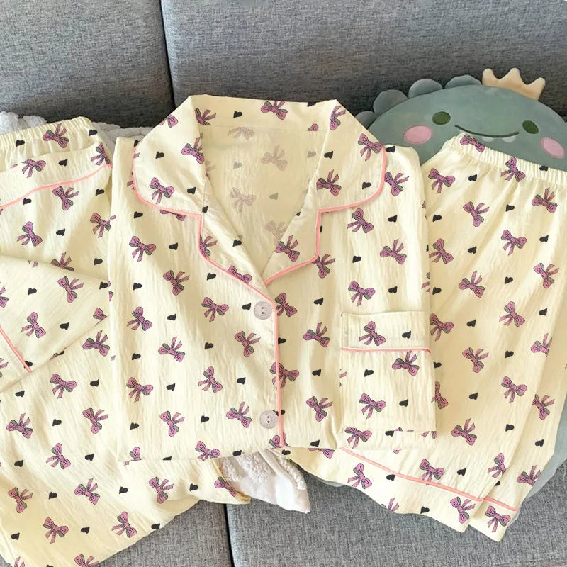 Women Summer Pajamas Three-piece Set Leisure Sleepwear Short Sleeve Lapel Sweet Bowknot Striped Print Homewear Female Loungewear