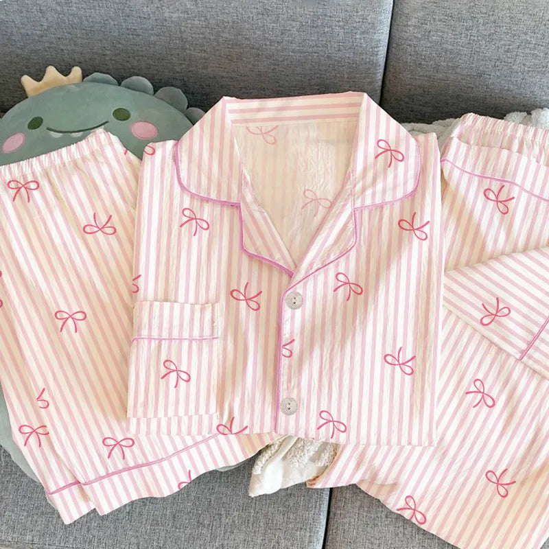 Women Summer Pajamas Three-piece Set Leisure Sleepwear Short Sleeve Lapel Sweet Bowknot Striped Print Homewear Female Loungewear